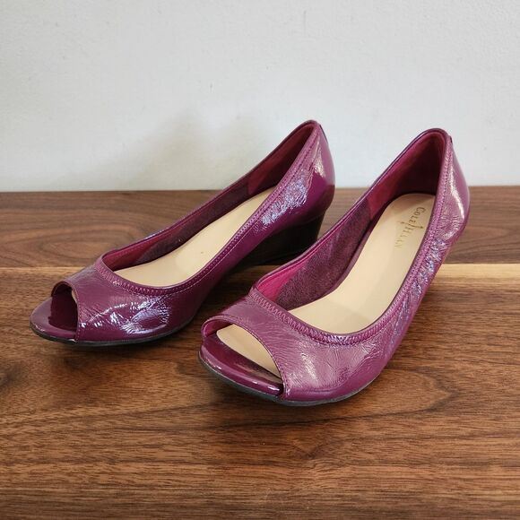 Cole Haan Shoes - Cole Haan Womens Maroon Purple Peep Toe Wedge Heel Pumps Leather Size 6